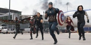 Team Cap consisting of (left or right) Falcon, Ant Man Hawkeye, Captain America, Scarlett Witch and The Winter Soldier, get ready to fight. 
